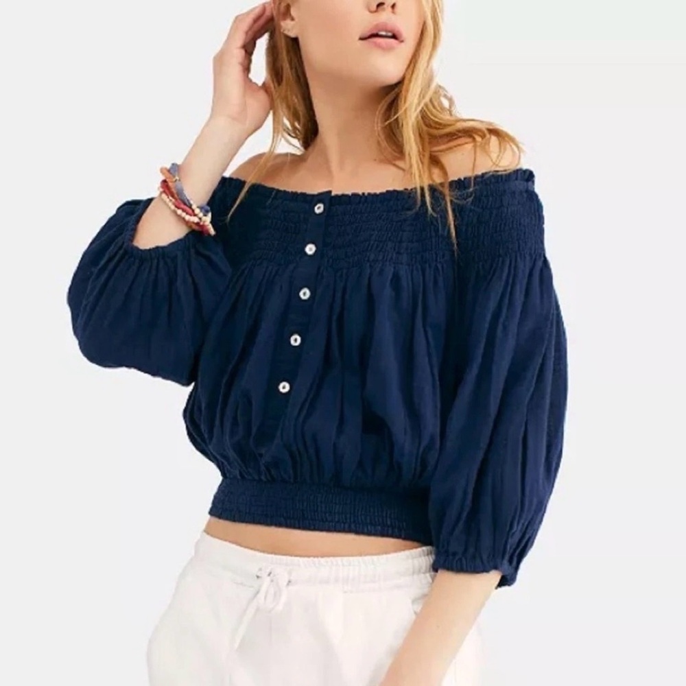 We The Free Navy Off-Shoulder Smocked Crop Top